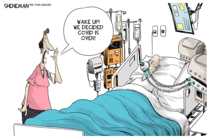 Cartoon: Vrouw vraagt IC-patiënt om op te staan, omdat COVID-19 voorbij is. 
