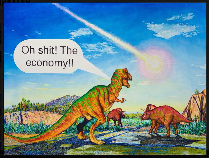 Dinosaurus zegt: "Oh shit, the economy", terwijl hij kijkt naar inslag van de 14 kilometer brede Chicxulub-asteroïde verantwoordelijk voor de massa-extinctie van de dinosaurussen. 