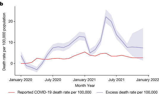 Cumulative reported COVID-19 death rate per 100.000 and cumulative excess death rate per 100.000