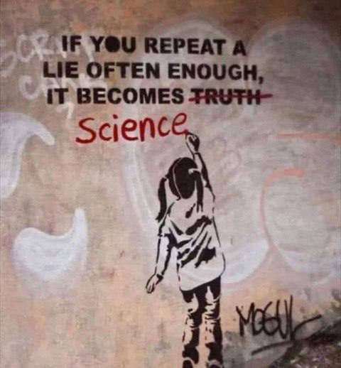 Tekening van een klein kind dat in de tekst op de muur: "If you repeat a lie often enough, it becomes truth" het laatste woord doorgestreept heeft en vervangen door "Science"